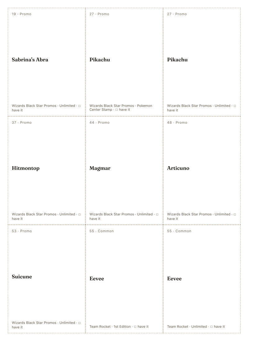 The first printed sheet of the Atsuko Nishida placeholder PDF: nine cells, each carrying one Atsuko Nishida printing&rsquo;s number, rarity, name, set and a tick box