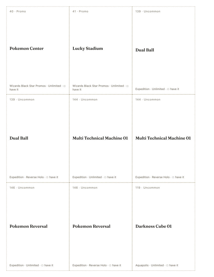 The first printed sheet of the "Big Mama" Tagawa placeholder PDF: nine cells, each carrying one "Big Mama" Tagawa printing&rsquo;s number, rarity, name, set and a tick box