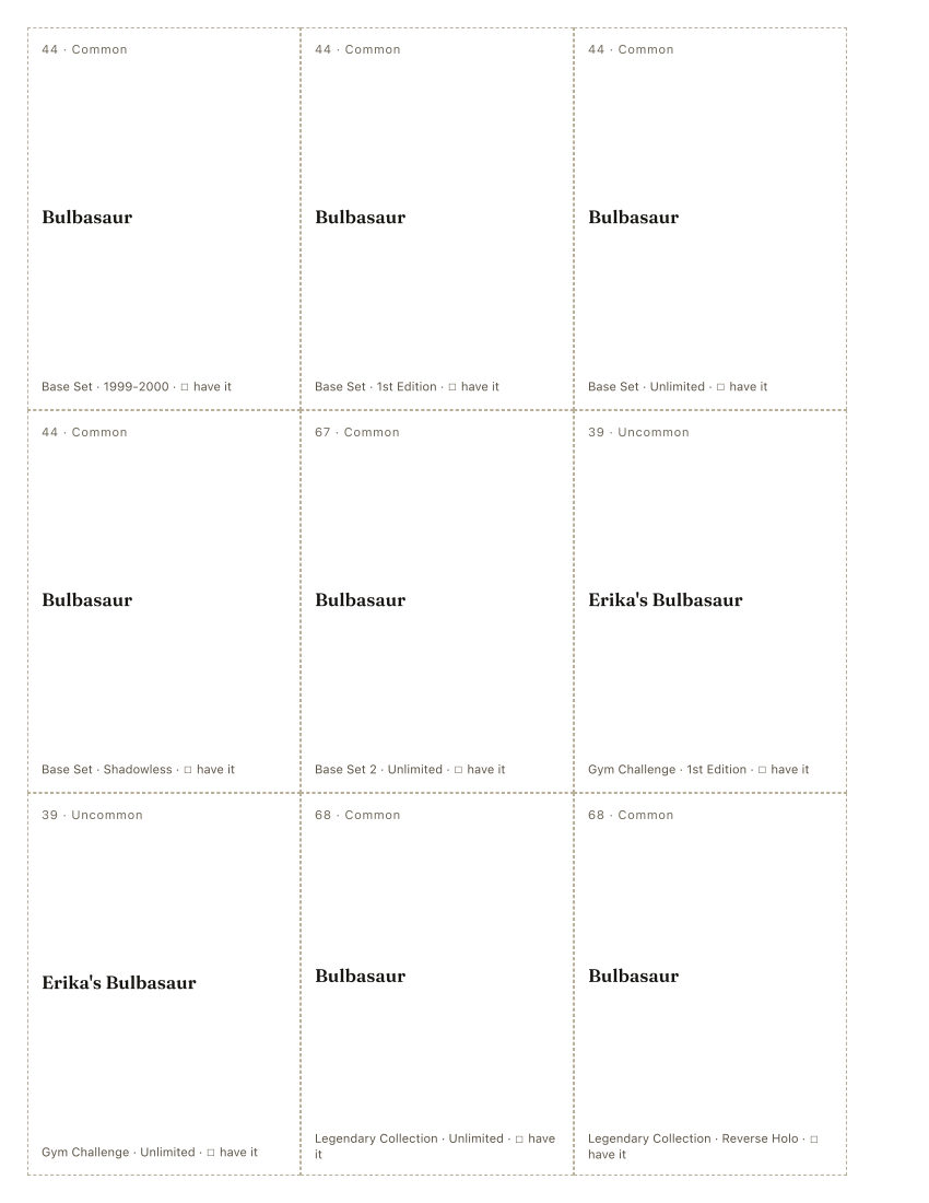 The first printed sheet of the Bulbasaur placeholder PDF: nine cells, each carrying one Bulbasaur printing&rsquo;s number, rarity, name, set and a tick box