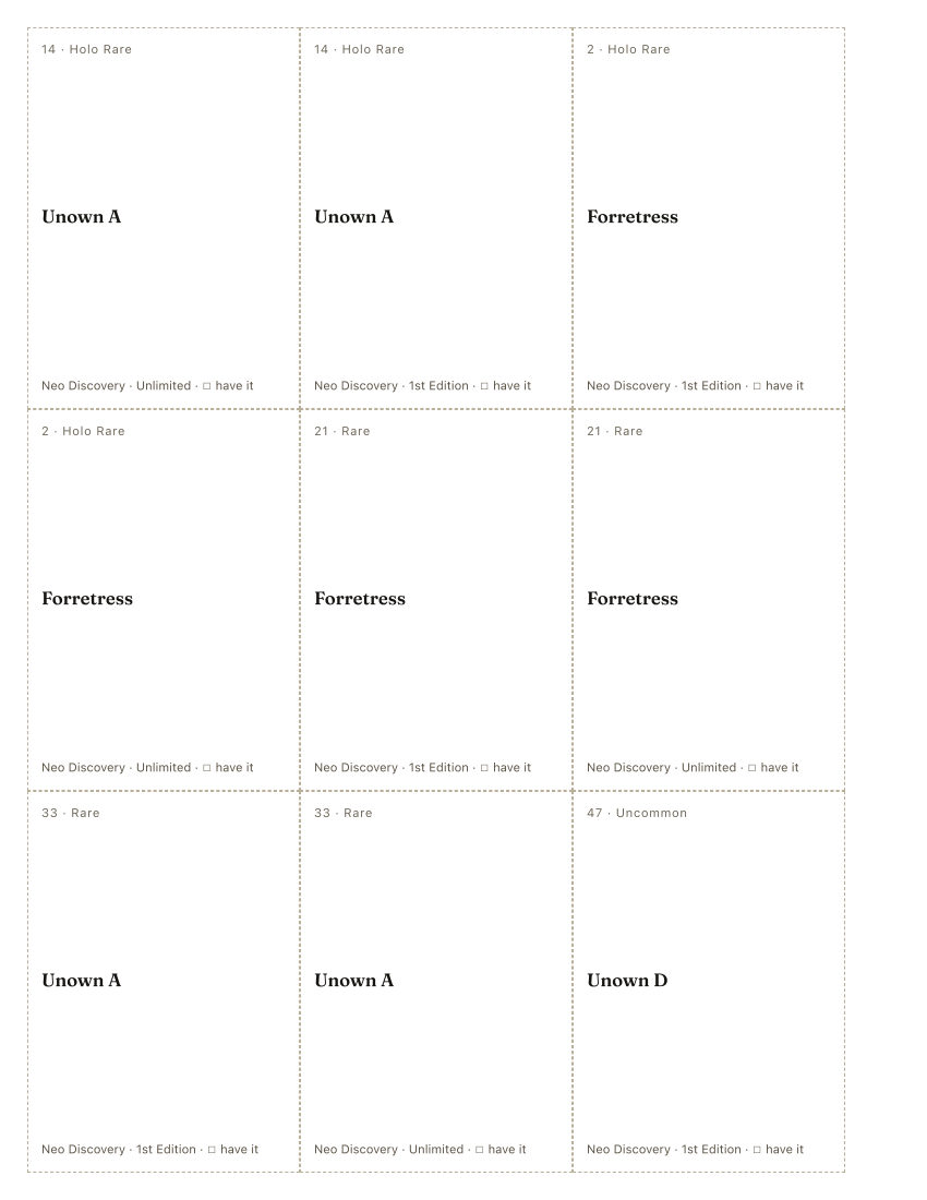 The first printed sheet of the CR CG gangs placeholder PDF: nine cells, each carrying one CR CG gangs printing&rsquo;s number, rarity, name, set and a tick box