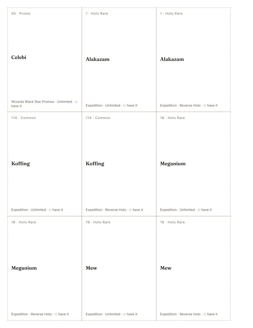 The first printed sheet of the Hajime Kusajima placeholder PDF: nine cells, each carrying one Hajime Kusajima printing’s number, rarity, name, set and a tick box