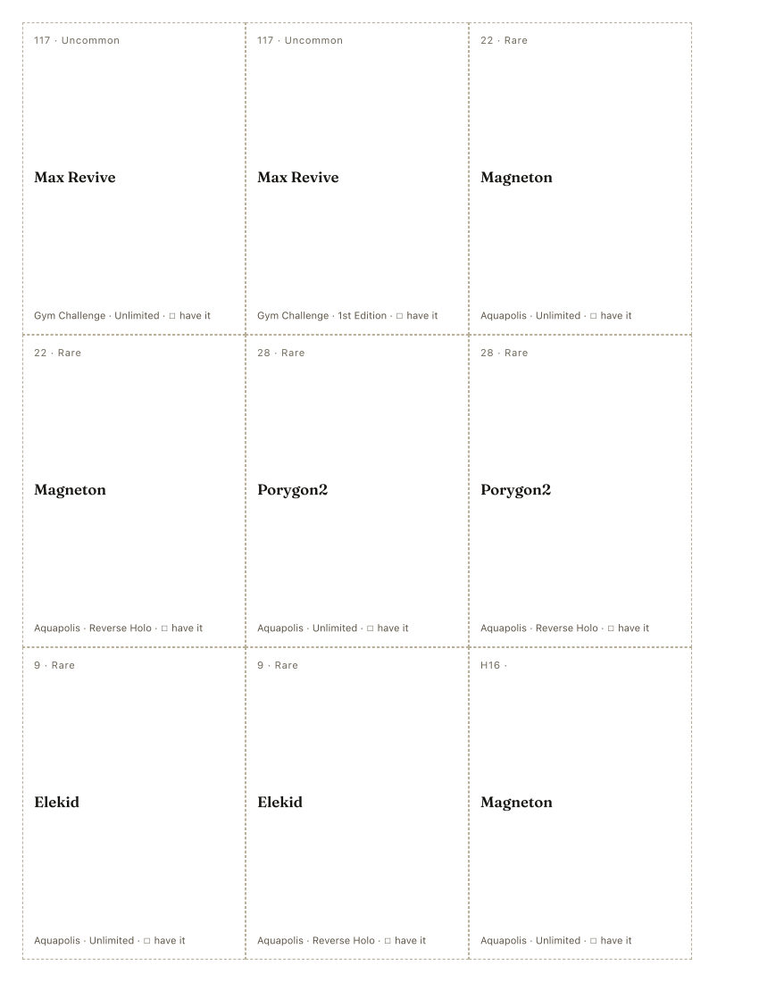 The first printed sheet of the Hikaru Koike placeholder PDF: nine cells, each carrying one Hikaru Koike printing’s number, rarity, name, set and a tick box