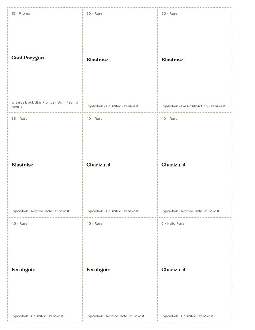 The first printed sheet of the Hiromichi Sugiyama placeholder PDF: nine cells, each carrying one Hiromichi Sugiyama printing&rsquo;s number, rarity, name, set and a tick box