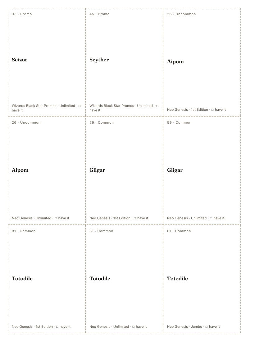 The first printed sheet of the Hironobu Yoshida placeholder PDF: nine cells, each carrying one Hironobu Yoshida printing&rsquo;s number, rarity, name, set and a tick box