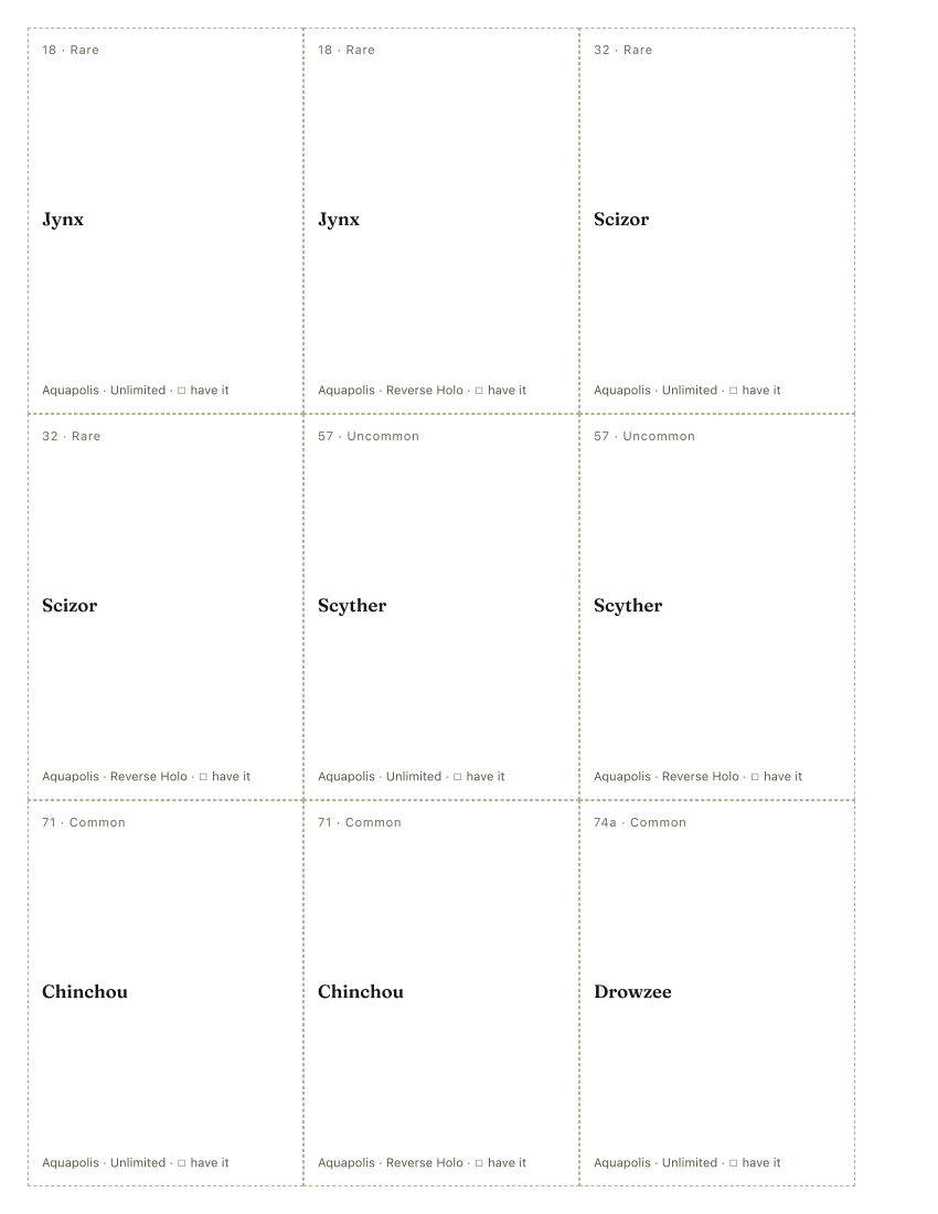 The first printed sheet of the Hisao Nakamura placeholder PDF: nine cells, each carrying one Hisao Nakamura printing&rsquo;s number, rarity, name, set and a tick box