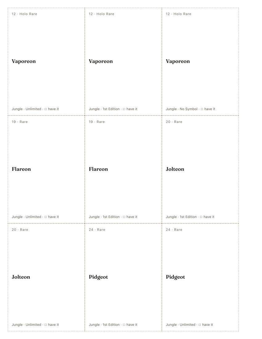 The first printed sheet of the Kagemaru Himeno placeholder PDF: nine cells, each carrying one Kagemaru Himeno printing&rsquo;s number, rarity, name, set and a tick box