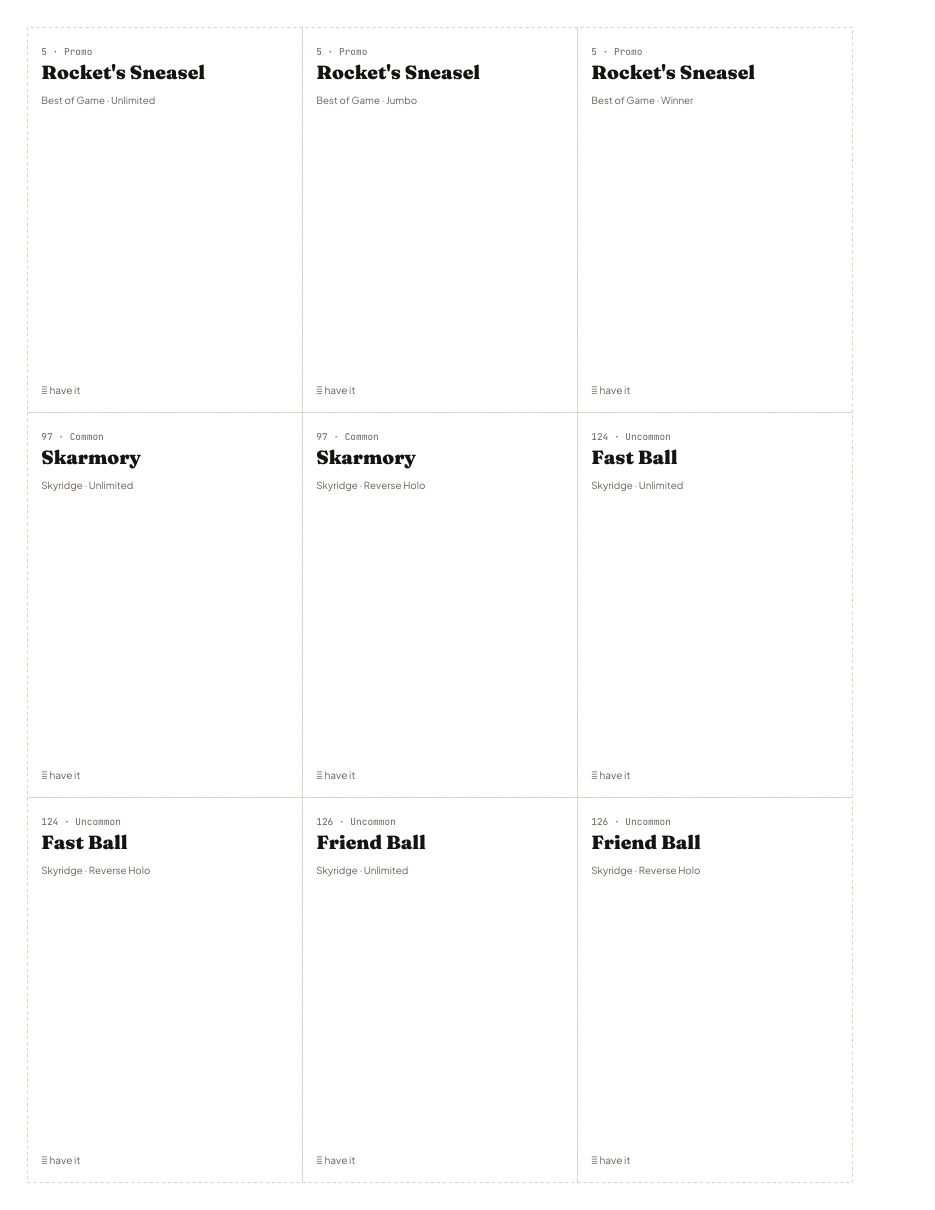 The first printed sheet of the Katsura Tabata placeholder PDF: nine cells, each carrying one Katsura Tabata printing&rsquo;s number, rarity, name, set and a tick box
