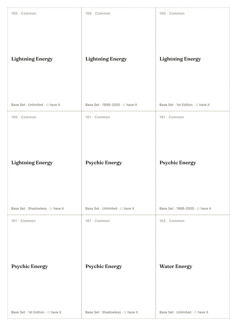 The first printed sheet of the Keiji Kinebuchi placeholder PDF: nine cells, each carrying one Keiji Kinebuchi printing’s number, rarity, name, set and a tick box
