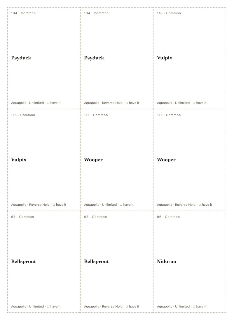 The first printed sheet of the Keiko Fukuyama placeholder PDF: nine cells, each carrying one Keiko Fukuyama printing&rsquo;s number, rarity, name, set and a tick box