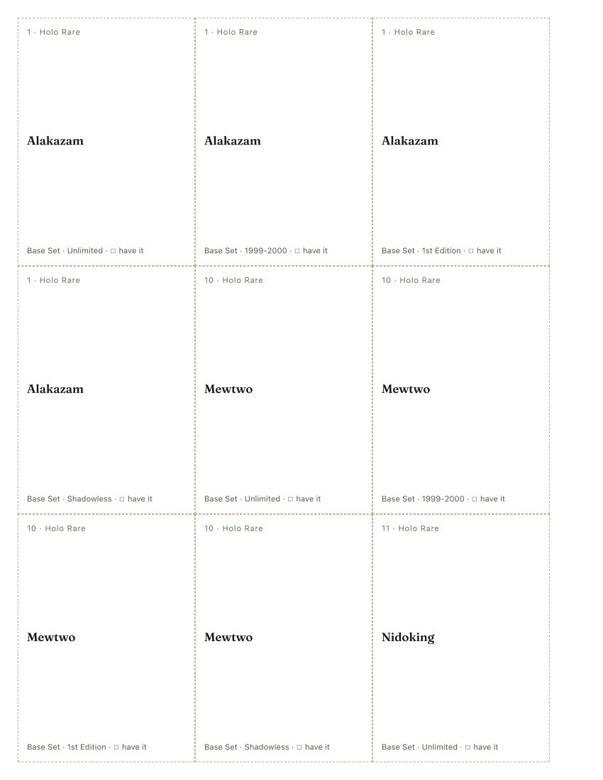 The first printed sheet of the Ken Sugimori placeholder PDF: nine cells, each carrying one Ken Sugimori printing&rsquo;s number, rarity, name, set and a tick box