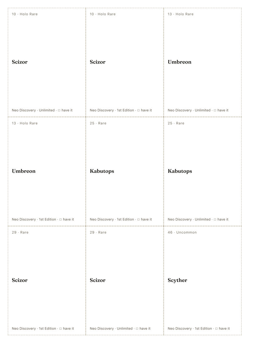 The first printed sheet of the Kimiya Masago placeholder PDF: nine cells, each carrying one Kimiya Masago printing’s number, rarity, name, set and a tick box