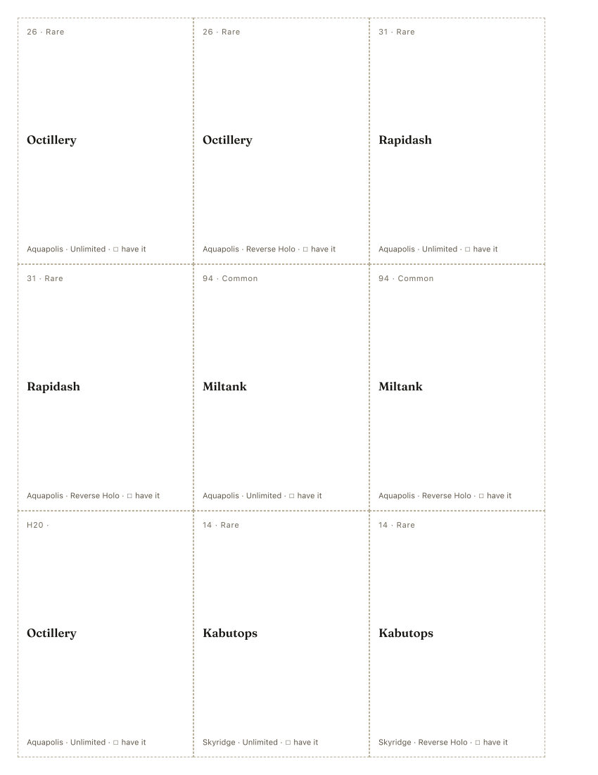 The first printed sheet of the Kouki Saitou placeholder PDF: nine cells, each carrying one Kouki Saitou printing’s number, rarity, name, set and a tick box