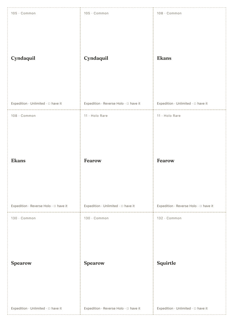 The first printed sheet of the Kyoko Umemoto placeholder PDF: nine cells, each carrying one Kyoko Umemoto printing’s number, rarity, name, set and a tick box