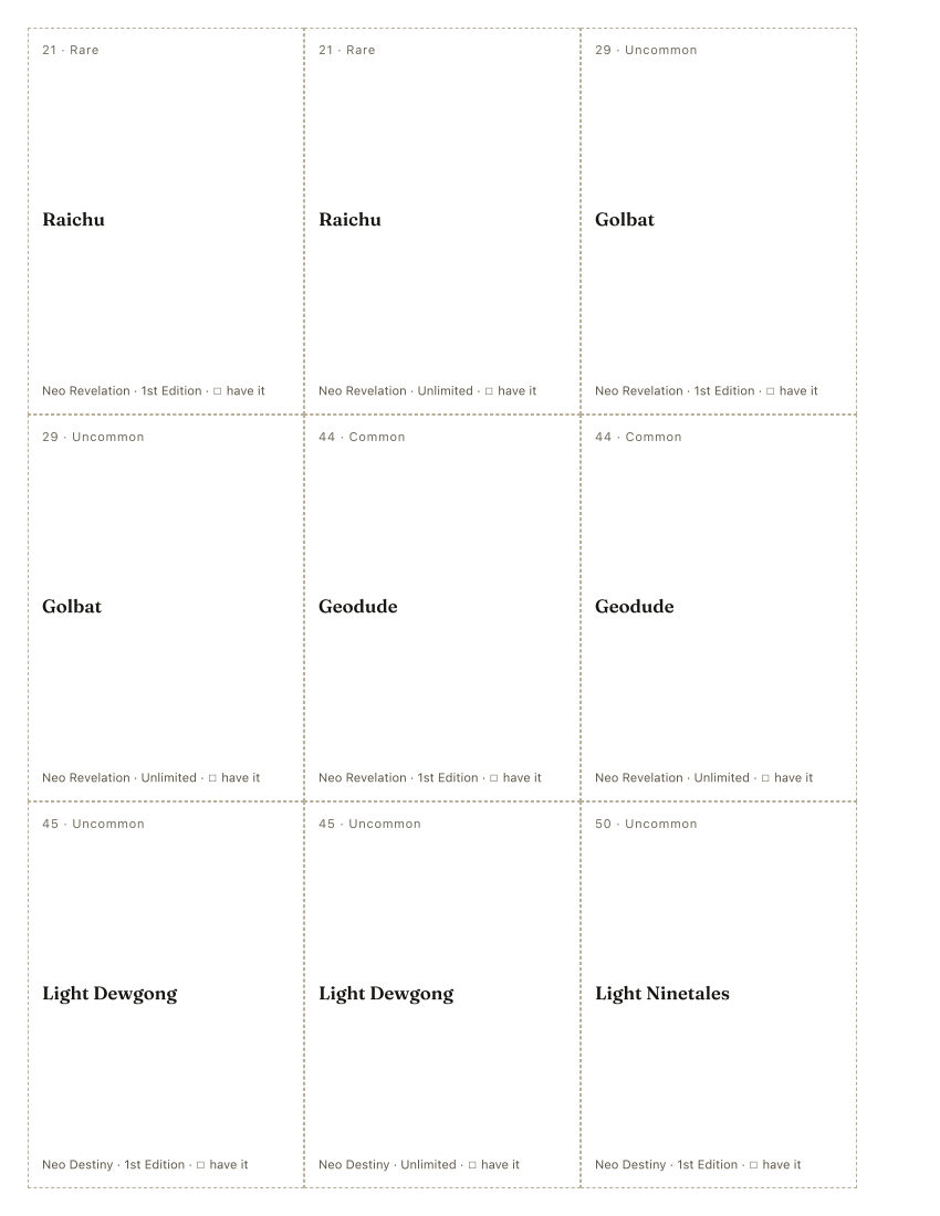 The first printed sheet of the Masako Yamashita placeholder PDF: nine cells, each carrying one Masako Yamashita printing&rsquo;s number, rarity, name, set and a tick box