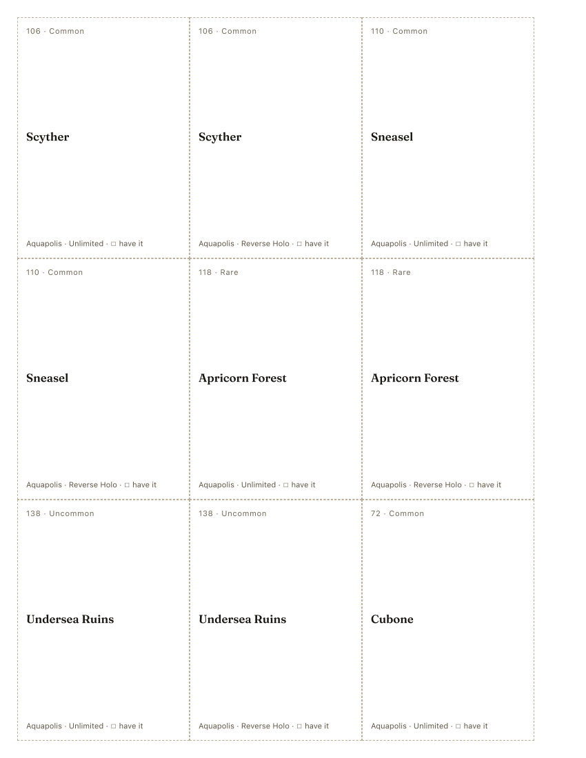 The first printed sheet of the Midori Harada placeholder PDF: nine cells, each carrying one Midori Harada printing&rsquo;s number, rarity, name, set and a tick box