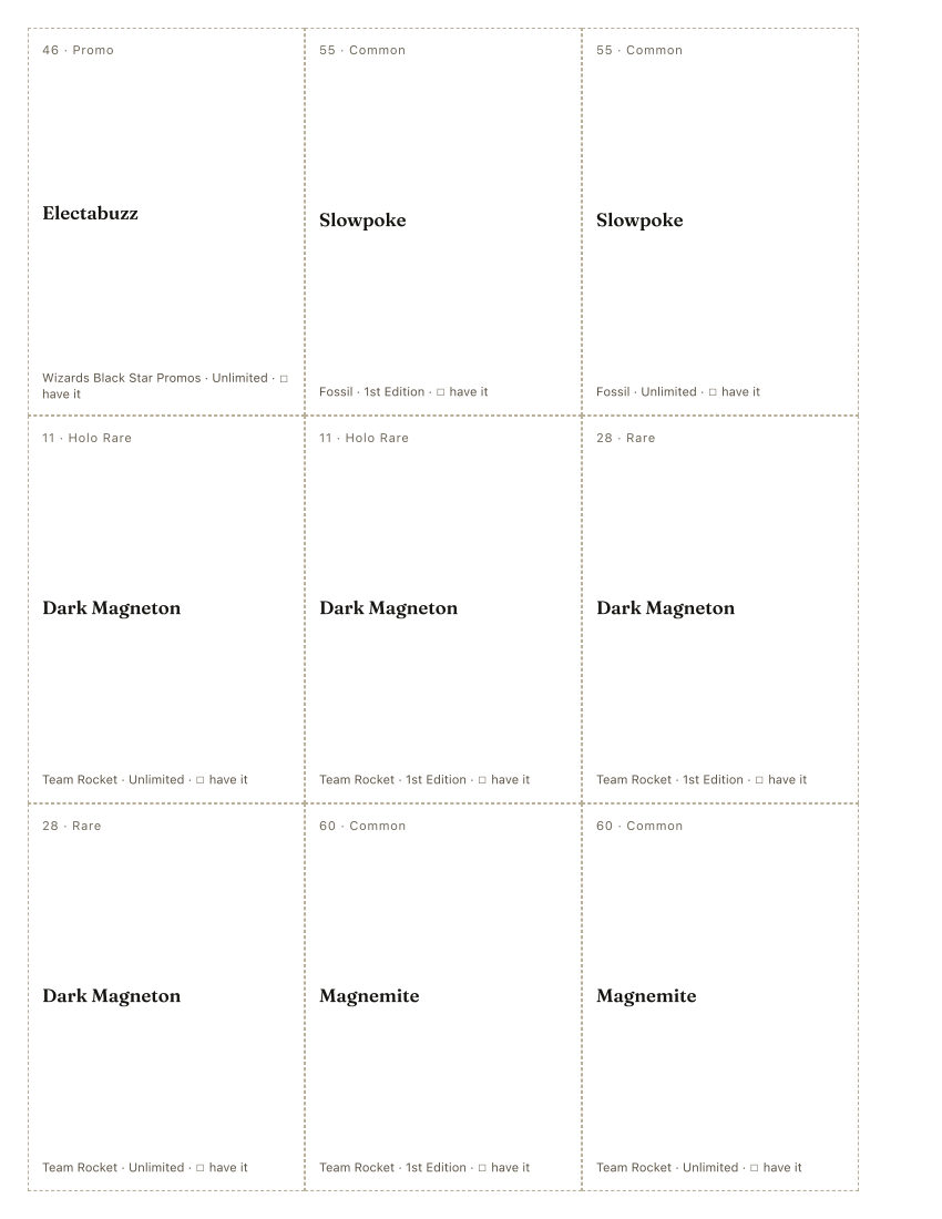 The first printed sheet of the Miki Tanaka placeholder PDF: nine cells, each carrying one Miki Tanaka printing&rsquo;s number, rarity, name, set and a tick box