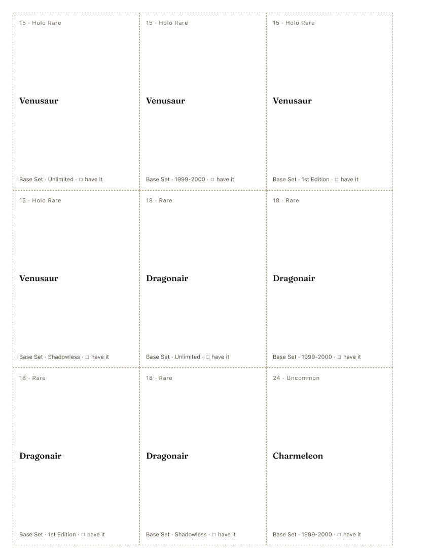 The first printed sheet of the Mitsuhiro Arita placeholder PDF: nine cells, each carrying one Mitsuhiro Arita printing&rsquo;s number, rarity, name, set and a tick box
