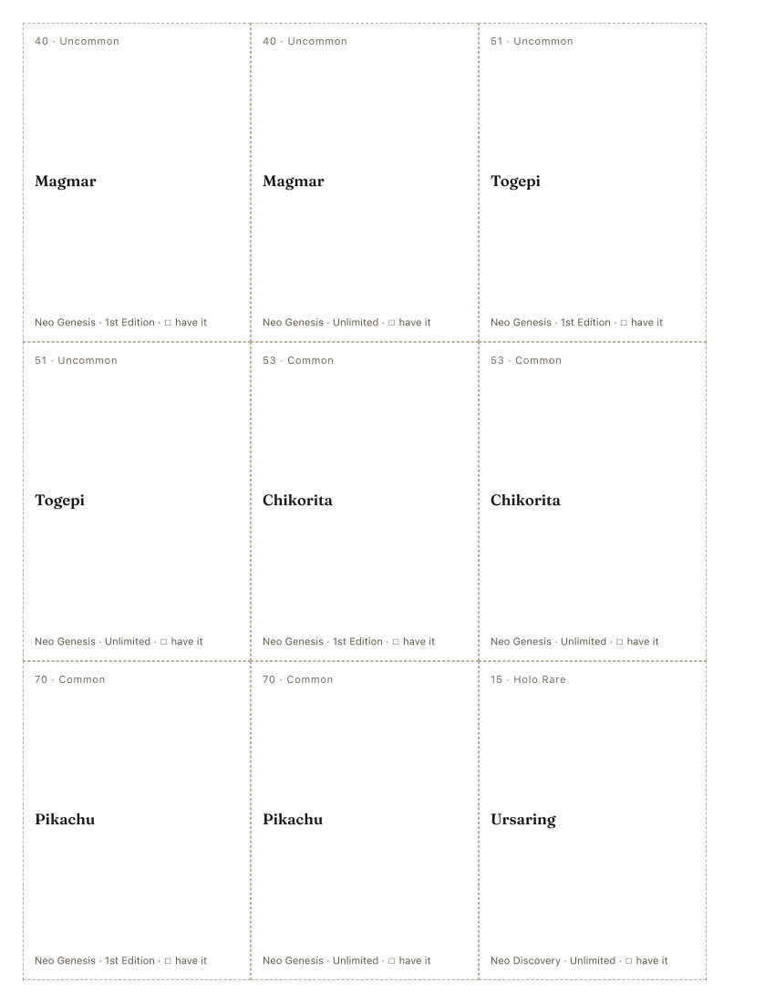 The first printed sheet of the Naoyo Kimura placeholder PDF: nine cells, each carrying one Naoyo Kimura printing&rsquo;s number, rarity, name, set and a tick box