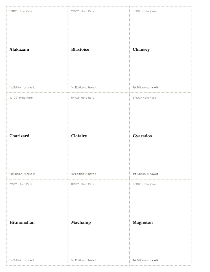 A printed binder-placeholder sheet: three columns of cards, each cell carrying its number, name, set and printing with a tick box