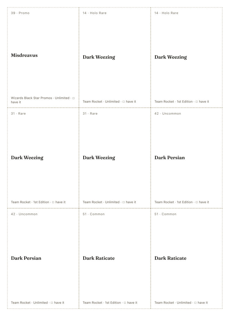 The first printed sheet of the Shin-ichi Yoshida placeholder PDF: nine cells, each carrying one Shin-ichi Yoshida printing&rsquo;s number, rarity, name, set and a tick box