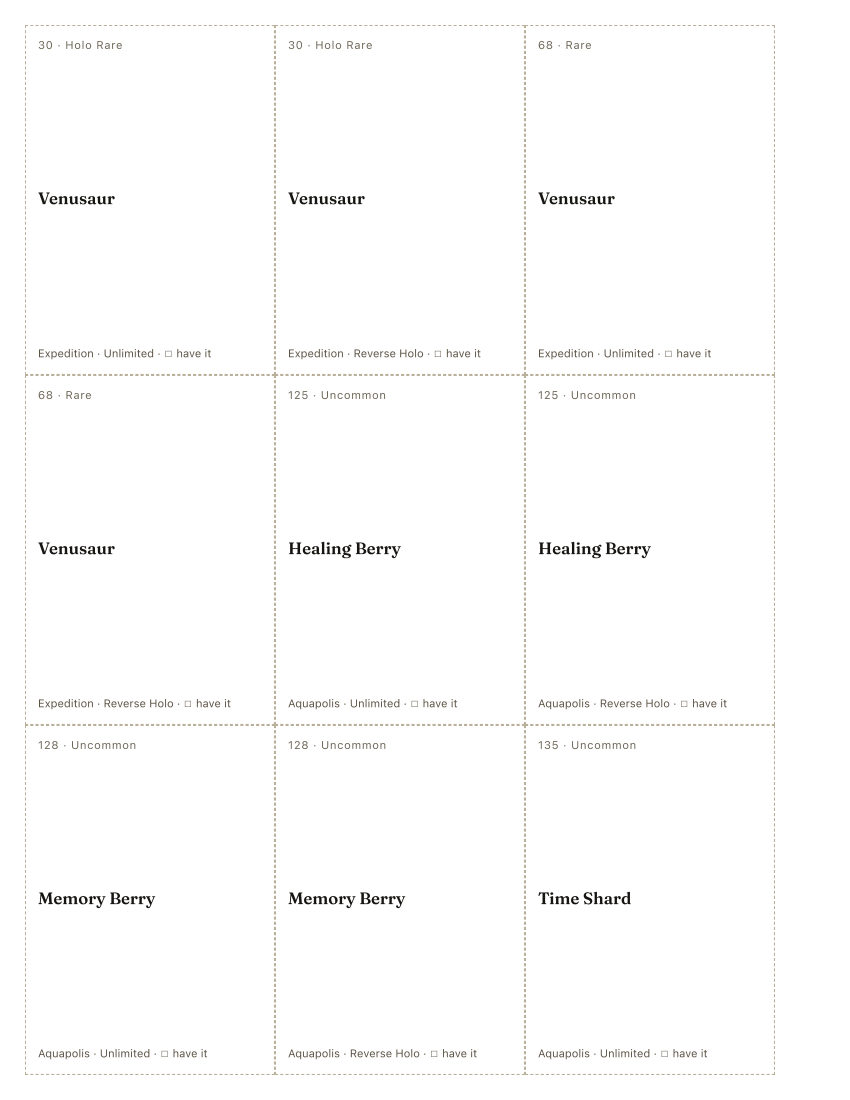 The first printed sheet of the Shin-ichi Yoshikawa placeholder PDF: nine cells, each carrying one Shin-ichi Yoshikawa printing&rsquo;s number, rarity, name, set and a tick box