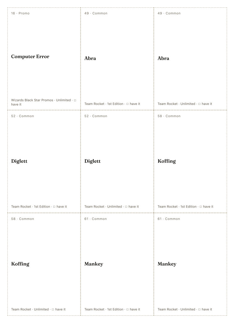 The first printed sheet of the Sumiyoshi Kizuki placeholder PDF: nine cells, each carrying one Sumiyoshi Kizuki printing&rsquo;s number, rarity, name, set and a tick box