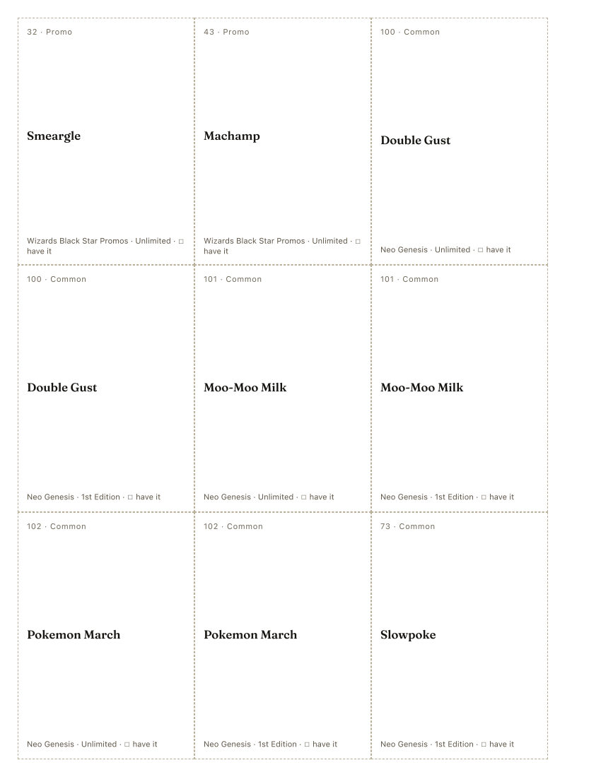 The first printed sheet of the Tomokazu Komiya placeholder PDF: nine cells, each carrying one Tomokazu Komiya printing&rsquo;s number, rarity, name, set and a tick box