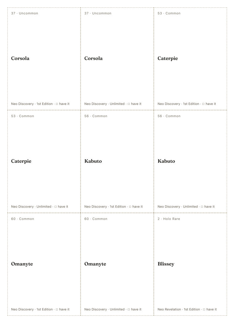 The first printed sheet of the Yuka Morii placeholder PDF: nine cells, each carrying one Yuka Morii printing&rsquo;s number, rarity, name, set and a tick box