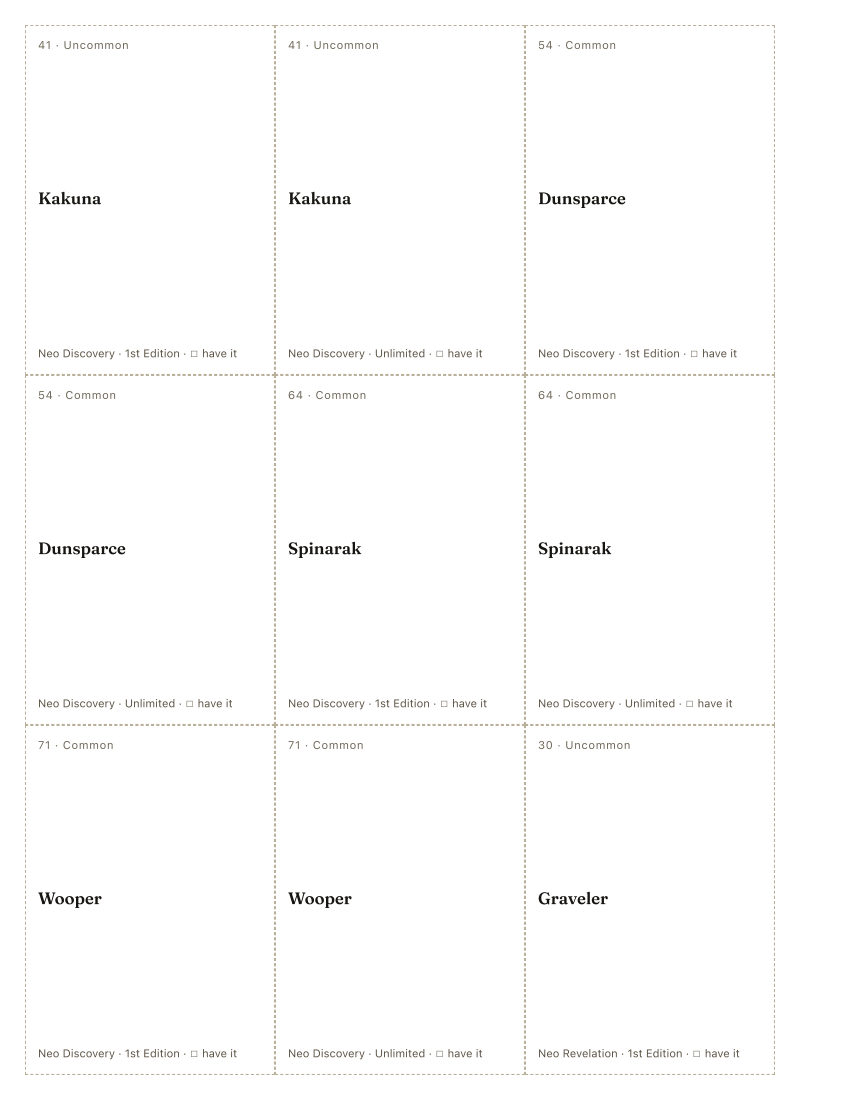 The first printed sheet of the Yukiko Baba placeholder PDF: nine cells, each carrying one Yukiko Baba printing&rsquo;s number, rarity, name, set and a tick box